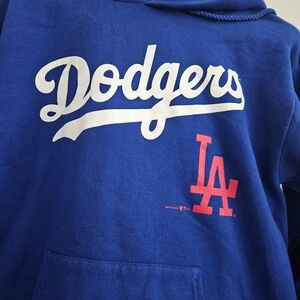 Hanes Blue Dodgers Pullover Sweatshirt with White Script and Red LA Logo Hoodie